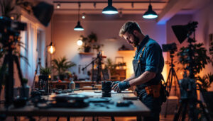 A photograph of a skilled lighting contractor in action