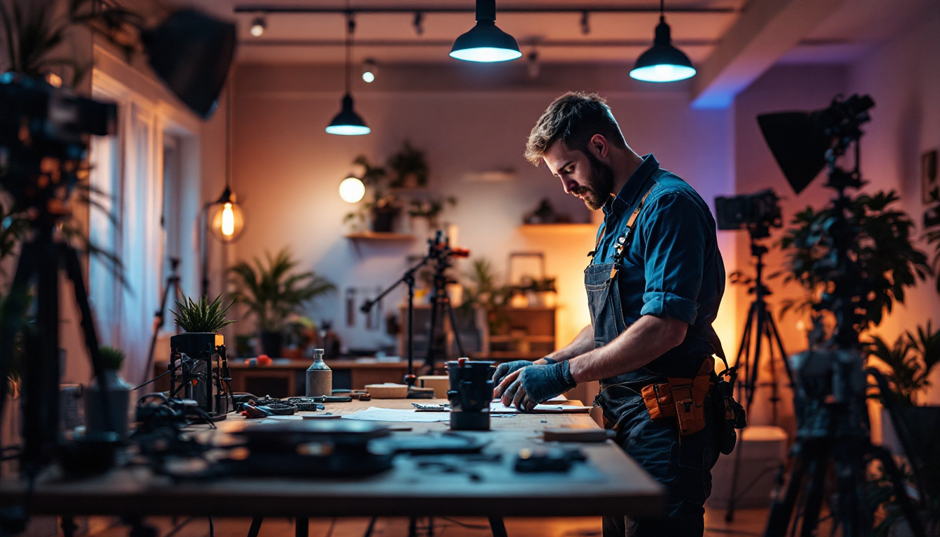 A photograph of a skilled lighting contractor in action