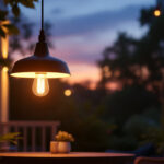A photograph of a beautifully designed solar pendant light illuminating an outdoor space at dusk