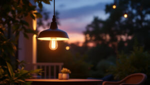A photograph of a beautifully designed solar pendant light illuminating an outdoor space at dusk