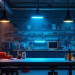 A photograph of a well-lit garage workspace showcasing bright led shop lights illuminating tools and equipment