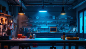 A photograph of a well-lit garage workspace showcasing bright led shop lights illuminating tools and equipment