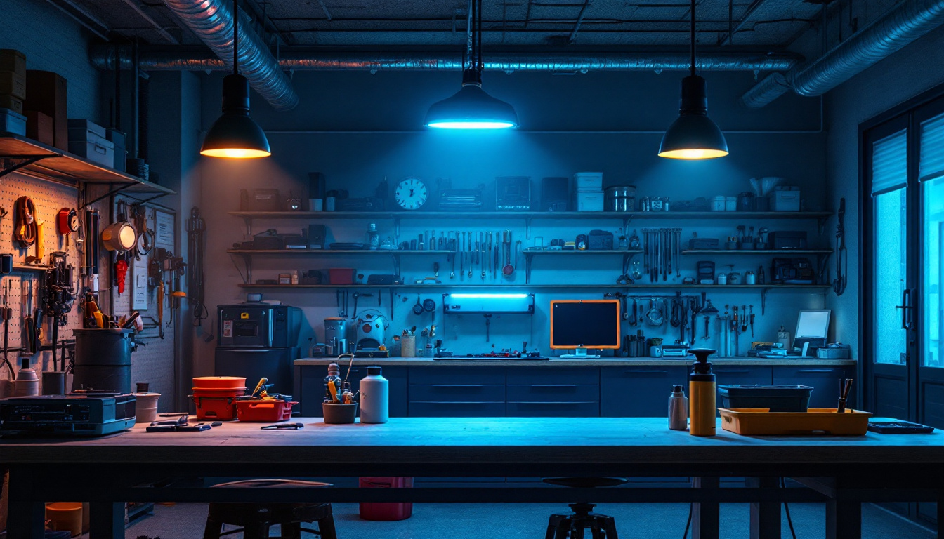A photograph of a well-lit garage workspace showcasing bright led shop lights illuminating tools and equipment