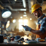 A photograph of a skilled lighting contractor at work