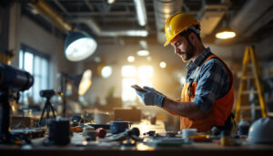 A photograph of a skilled lighting contractor at work