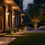 A photograph of a beautifully illuminated outdoor space featuring stylish exterior lights with integrated sensors