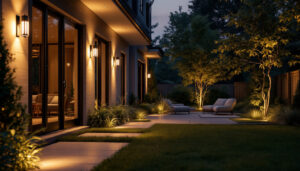 A photograph of a beautifully illuminated outdoor space featuring stylish exterior lights with integrated sensors