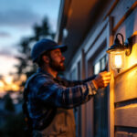 A photograph of a lighting contractor installing a porch light sensor on a home exterior during dusk