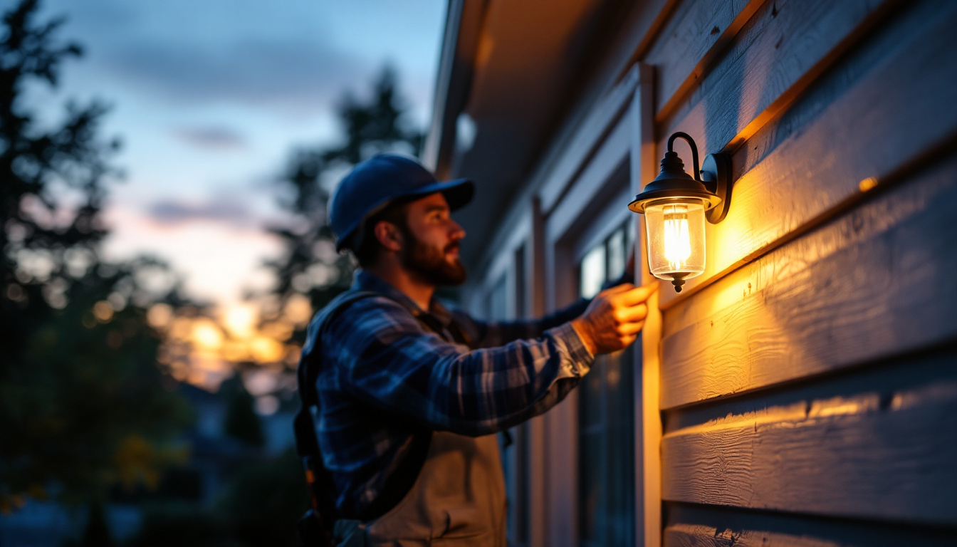 A photograph of a lighting contractor installing a porch light sensor on a home exterior during dusk