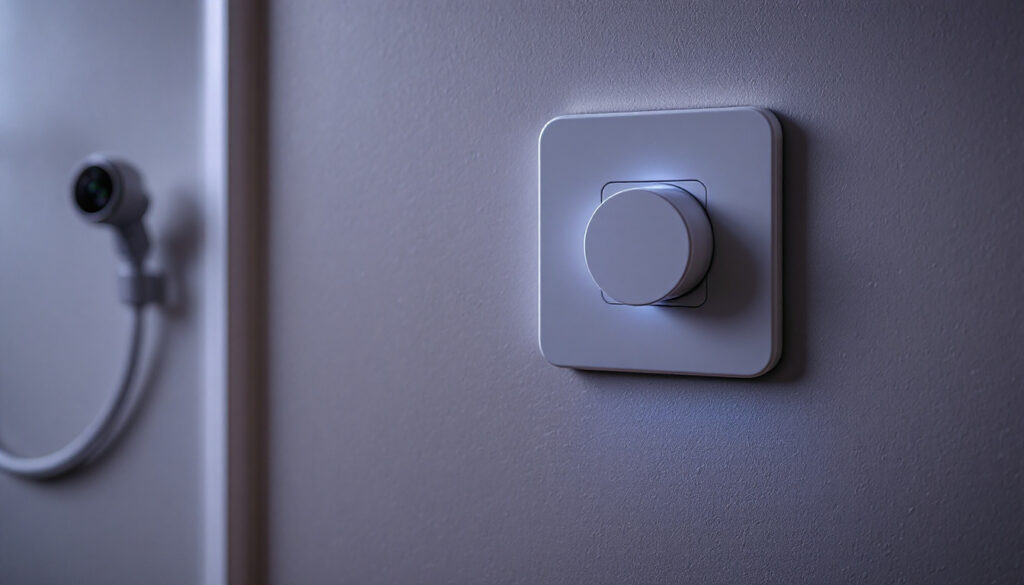 A photograph of a modern electrical wall socket installed in a stylish interior setting