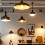 A photograph of a stylish studio space showcasing a variety of ceiling light fixtures in use
