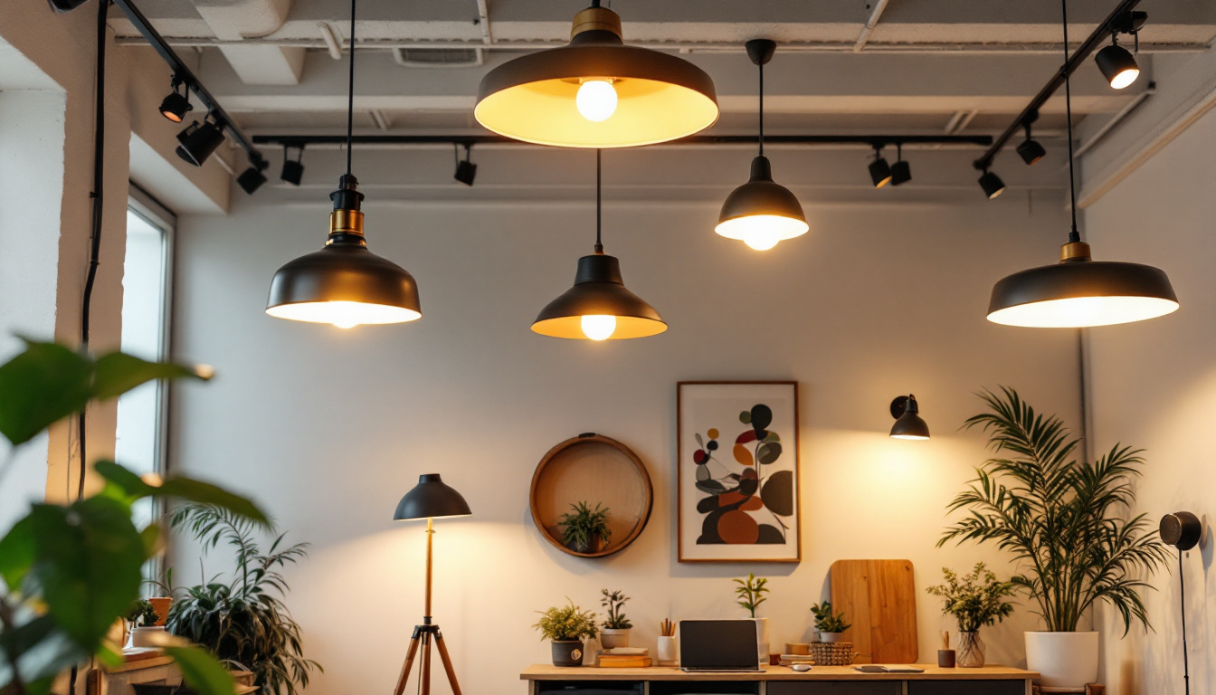 A photograph of a stylish studio space showcasing a variety of ceiling light fixtures in use