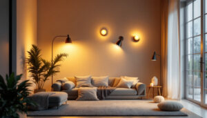 A photograph of a well-lit residential space showcasing various types of supply lighting fixtures