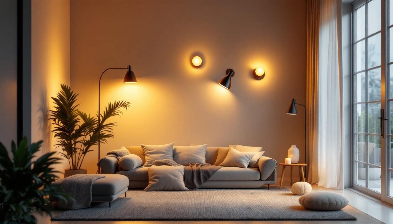 A photograph of a well-lit residential space showcasing various types of supply lighting fixtures