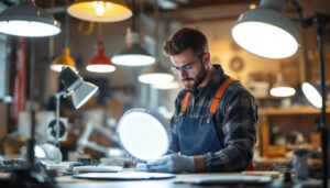 A photograph of a skilled lighting contractor inspecting a variety of led fixtures in a well-lit workspace