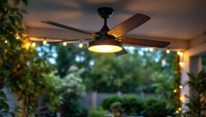 A photograph of a stylish metal outdoor ceiling fan installed in a beautifully lit outdoor space