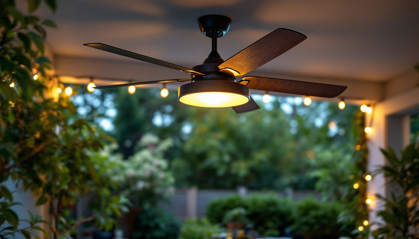 A photograph of a stylish metal outdoor ceiling fan installed in a beautifully lit outdoor space