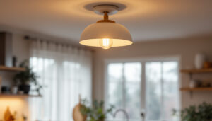 A photograph of a beautifully designed semi-flush kitchen light fixture illuminating a modern kitchen space