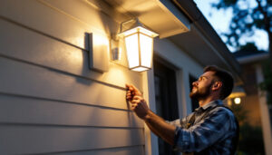 A photograph of a skilled lighting contractor installing a porch light motion detector on a residential home