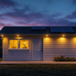 A photograph of a well-lit shed at dusk