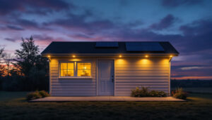 A photograph of a well-lit shed at dusk