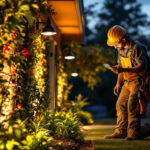 A photograph of a lighting contractor expertly installing innovative outdoor lighting fixtures in a beautifully illuminated garden or landscape