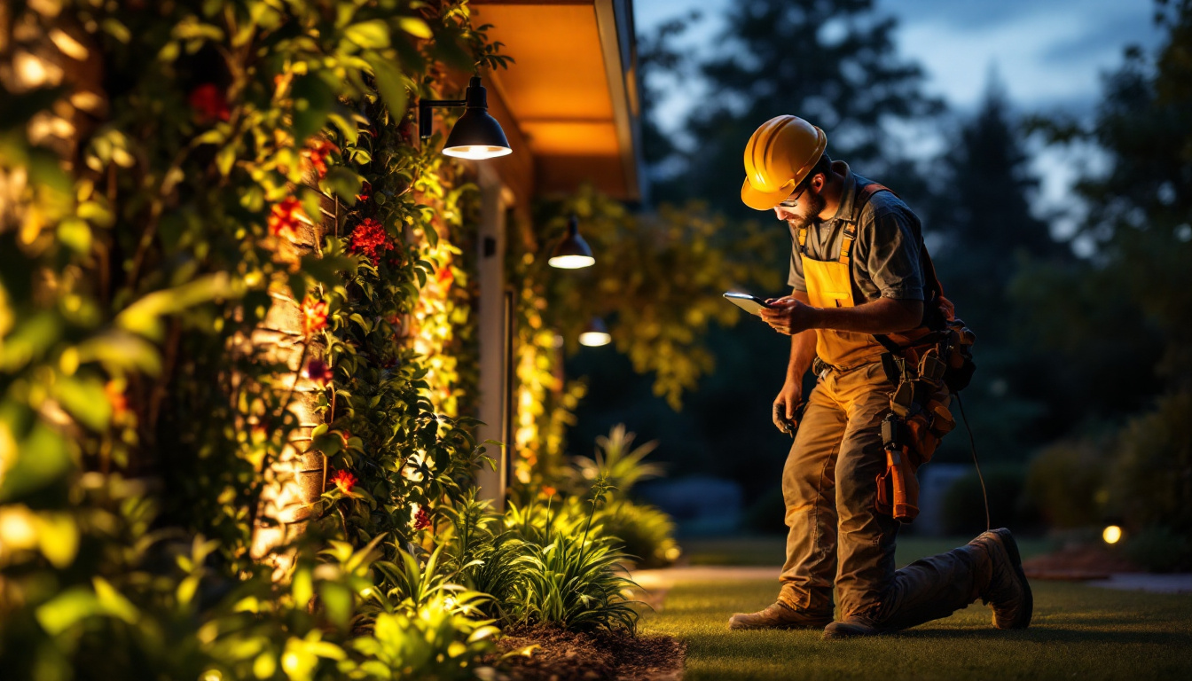 A photograph of a lighting contractor expertly installing innovative outdoor lighting fixtures in a beautifully illuminated garden or landscape