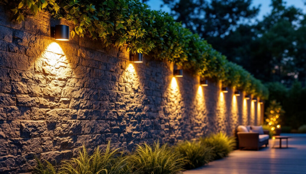 A photograph of a beautifully illuminated outdoor wall featuring stylish solar-powered lights