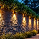 A photograph of a beautifully illuminated outdoor wall featuring stylish solar-powered lights