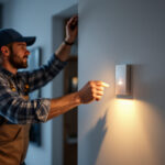 A photograph of a lighting contractor installing a motion-activated switch in a modern home setting