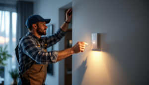 A photograph of a lighting contractor installing a motion-activated switch in a modern home setting