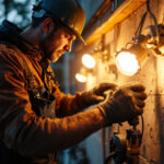 A photograph of a lighting contractor at work