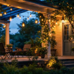 A photograph of a beautifully illuminated porch featuring a variety of outdoor hanging lights