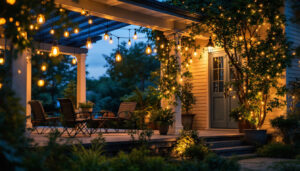 A photograph of a beautifully illuminated porch featuring a variety of outdoor hanging lights