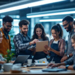 A photograph of a diverse group of team members engaged in a hands-on training session