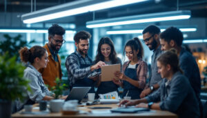 A photograph of a diverse group of team members engaged in a hands-on training session