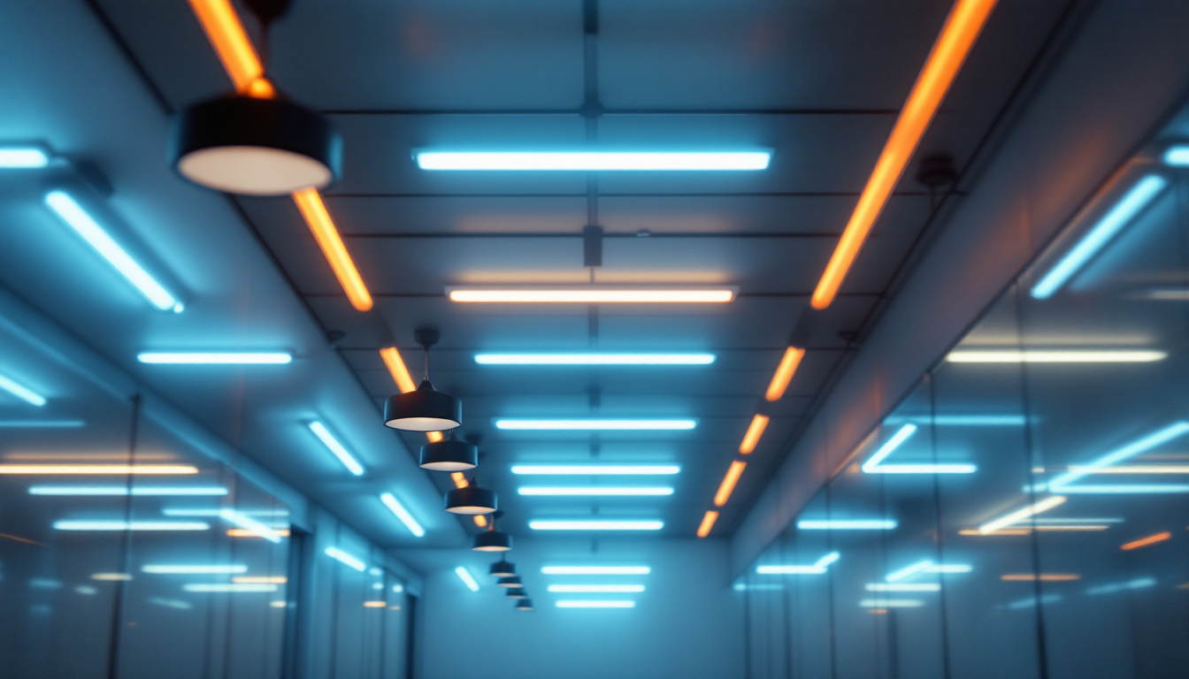 A photograph of a brightly lit room showcasing various fluorescent lighting designs