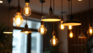 A photograph of a well-lit interior space showcasing a variety of stylish halogen light fixtures in use