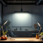 A photograph of a well-lit workspace featuring multiple 4ft shop lights in action
