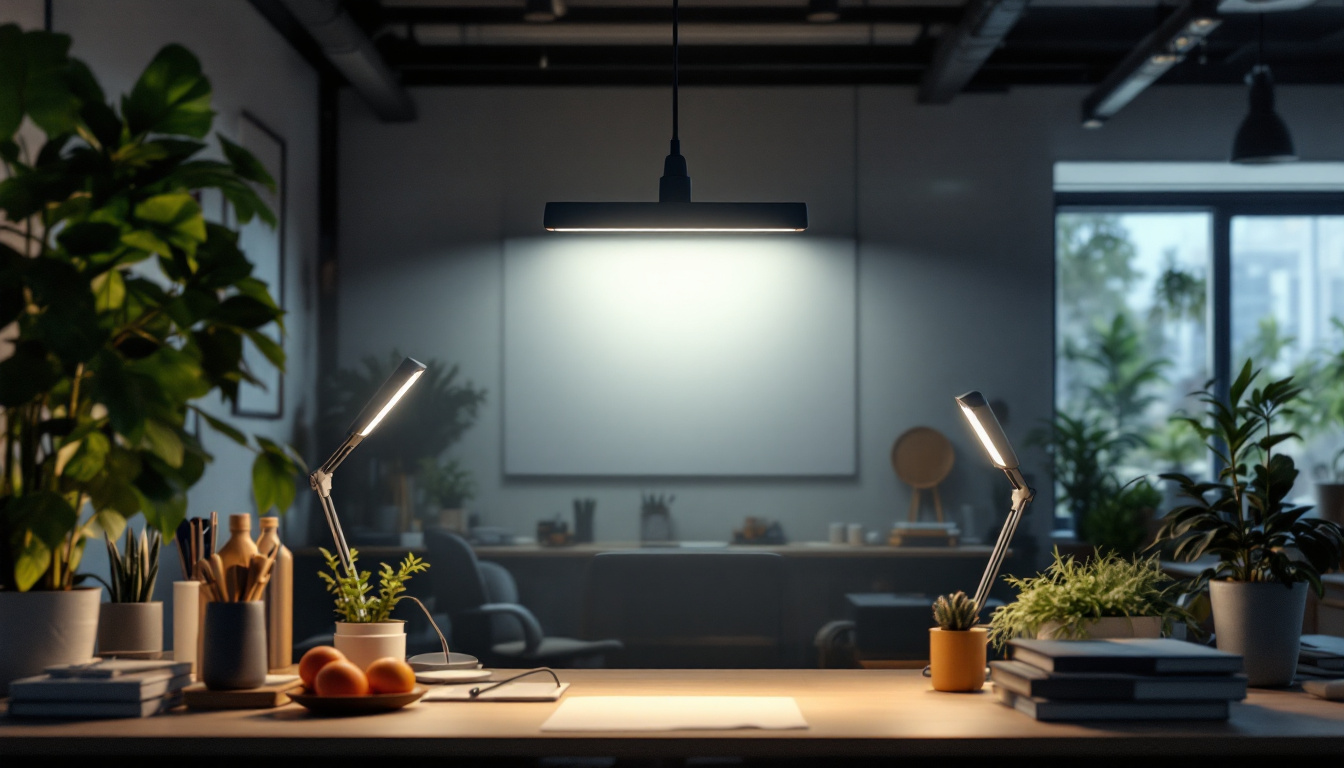 A photograph of a well-lit workspace featuring multiple 4ft shop lights in action