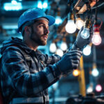 A photograph of a lighting contractor in action