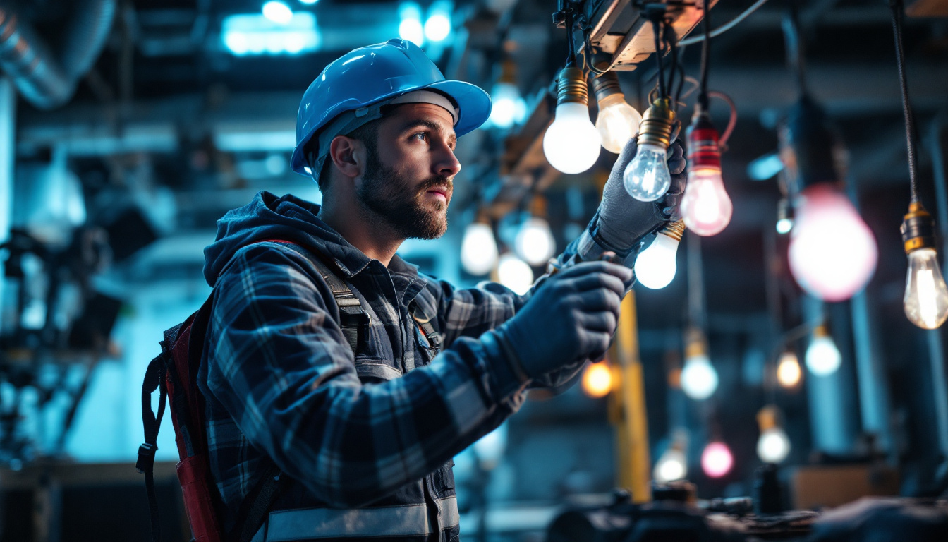 A photograph of a lighting contractor in action