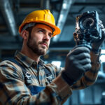 A photograph of a lighting contractor expertly installing or adjusting hid lamps in a commercial or industrial setting