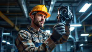 A photograph of a lighting contractor expertly installing or adjusting hid lamps in a commercial or industrial setting