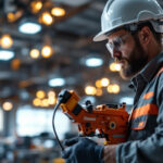 A photograph of a skilled lighting contractor using a cable puller tool in an active work environment