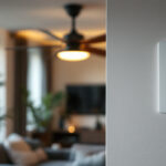 A photograph of a stylish ceiling fan with a wall control switch prominently displayed in a well-lit