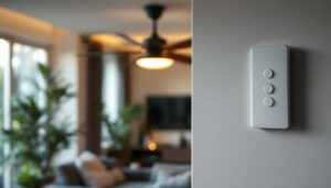 A photograph of a stylish ceiling fan with a wall control switch prominently displayed in a well-lit