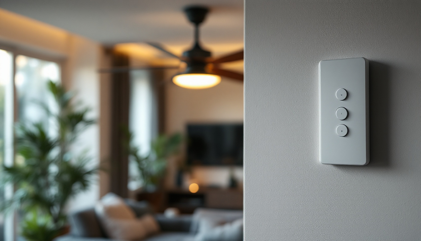 A photograph of a stylish ceiling fan with a wall control switch prominently displayed in a well-lit