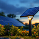 A photograph of a solar-powered black light illuminating a vibrant outdoor setting at dusk