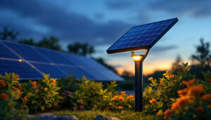 A photograph of a solar-powered black light illuminating a vibrant outdoor setting at dusk